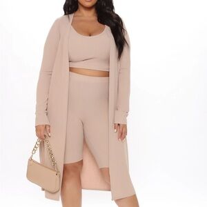 Beige Ribbed Lounge Set with Cardigan